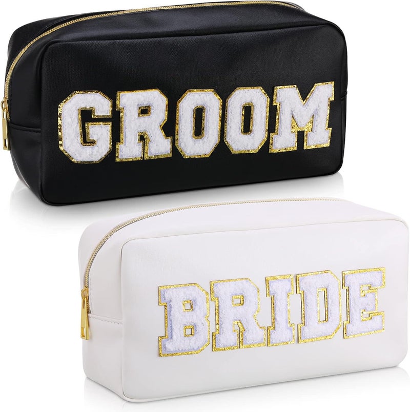 Oudain 2 Pcs Bride and Groom Makeup Bag Letter Patch Cosmetic Travel Toiletry Bag Women PU Leather White Portable Bride Purse Wedding Pouch for Bridal Shower Gift Bachelorette Party Favor
