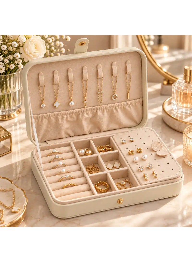 Jewelry Organizer Box for Women, PU Leather Travel Jewelry Case with Soft Velvet Interior, Necklace Hooks, Ring Rolls, Earring Panel & Multi Compartments, 21 x 13.5 x 5 cm – Ivory Cream - Image 3