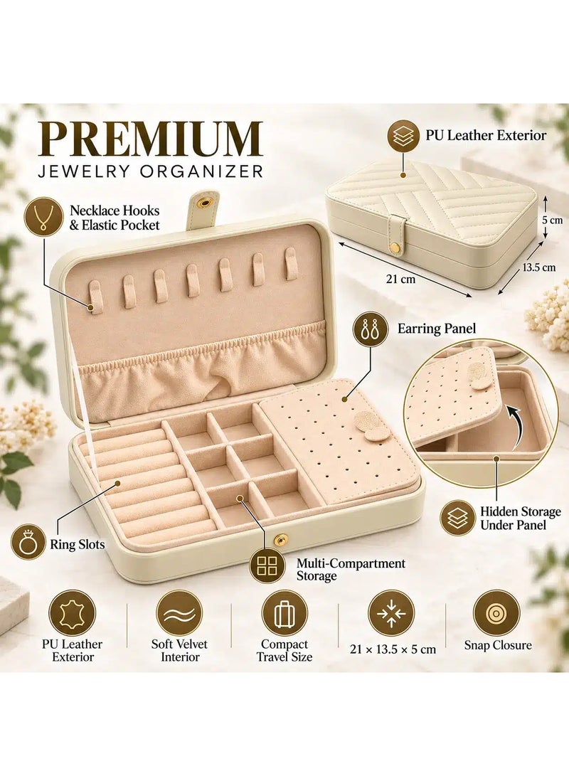 Jewelry Organizer Box for Women, PU Leather Travel Jewelry Case with Soft Velvet Interior, Necklace Hooks, Ring Rolls, Earring Panel & Multi Compartments, 21 x 13.5 x 5 cm – Ivory Cream - Image 2
