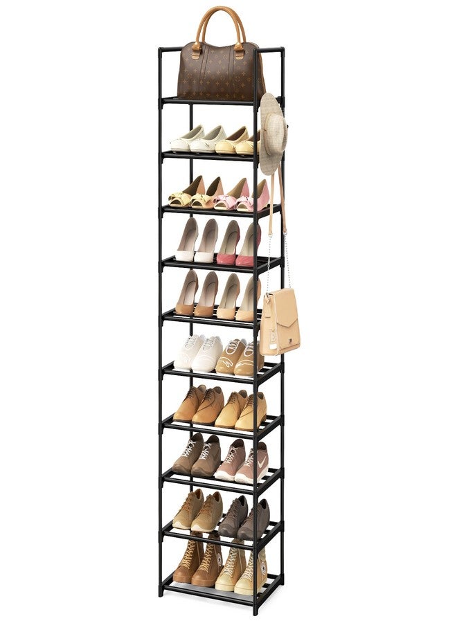 WEXCISE Narrow Shoe Rack 10 Tiers Tall Shoe Rack for Entryway Closet 20 24 Pairs Shoe & Boots Organizer Storage Shelf Durable Black Metal Stackable Shoe Cabinet with Hooks, 17.1D x 11.8W x 78.7H in - Image 1