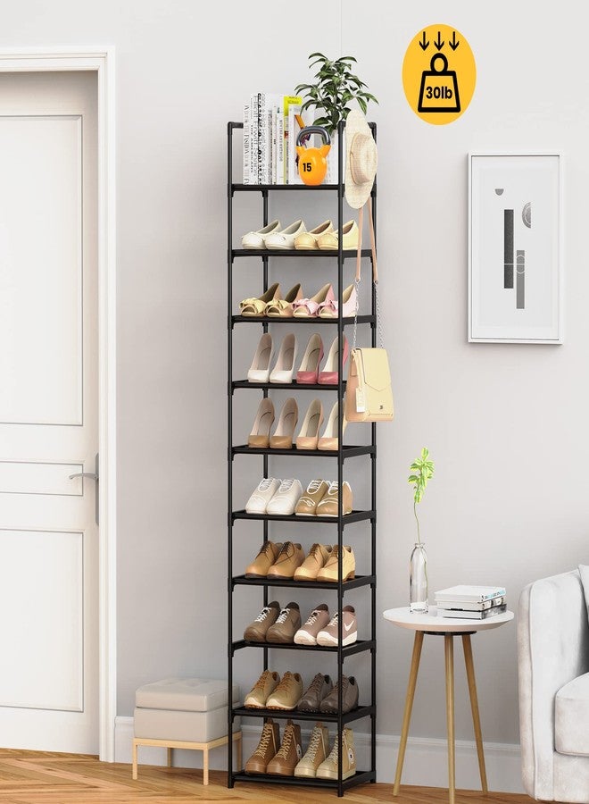 WEXCISE Narrow Shoe Rack 10 Tiers Tall Shoe Rack for Entryway Closet 20 24 Pairs Shoe & Boots Organizer Storage Shelf Durable Black Metal Stackable Shoe Cabinet with Hooks, 17.1D x 11.8W x 78.7H in - Image 2