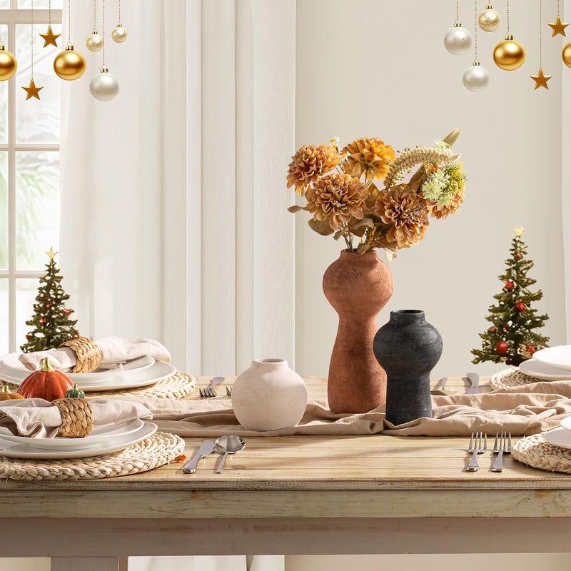 Vanselia Ceramic Vase Home Table Decor - Flower Vase Set of 3 Living Room Kitchen Decorations Farmhouse Modern Rustic Vases Decorative Centerpiece for Shelf Bedroom Office Bathroom Dining Coffee Desk - Image 4