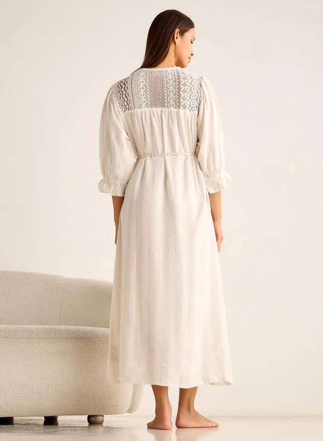 Splash FAV  Long-Sleeved Maxi Night Gown with Embroidered Stripes for Women | Best Price UAE