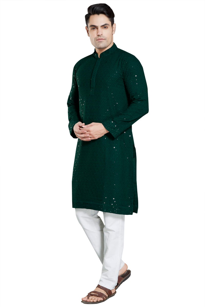 DIVISIVE Men's Sequince Embroidered Cotton Blend Only Slim Fit Kurta (DKRT18_XXL_Bottle Green) - Image 2