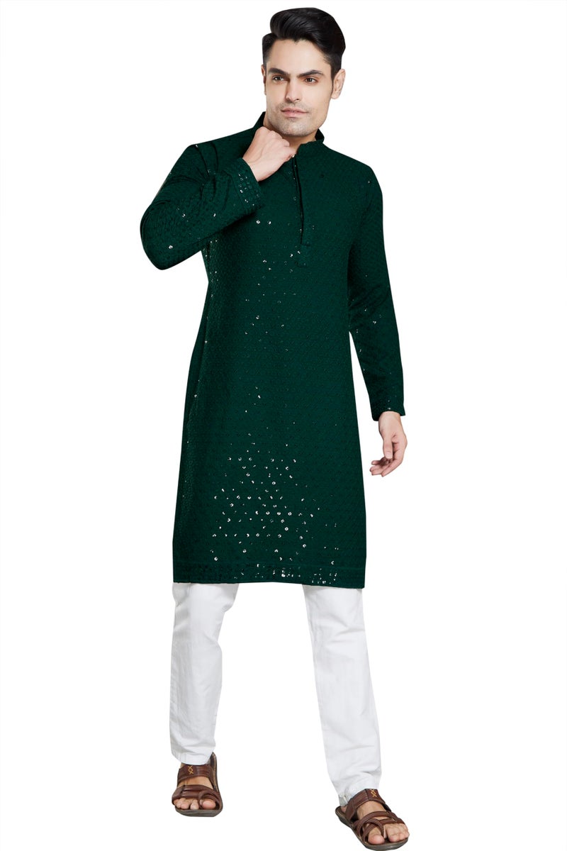 DIVISIVE Men's Sequince Embroidered Cotton Blend Only Slim Fit Kurta (DKRT18_XXL_Bottle Green) - Image 3