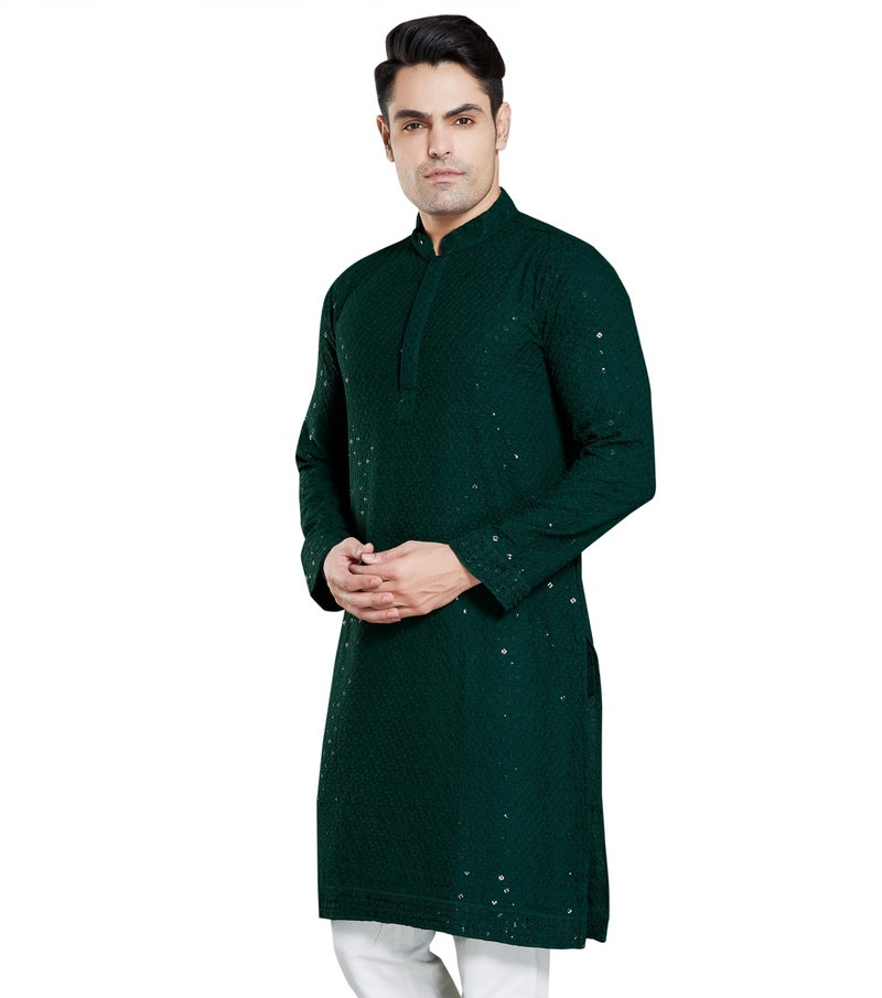 DIVISIVE Men's Sequince Embroidered Cotton Blend Only Slim Fit Kurta (DKRT18_XXL_Bottle Green) - Image 1
