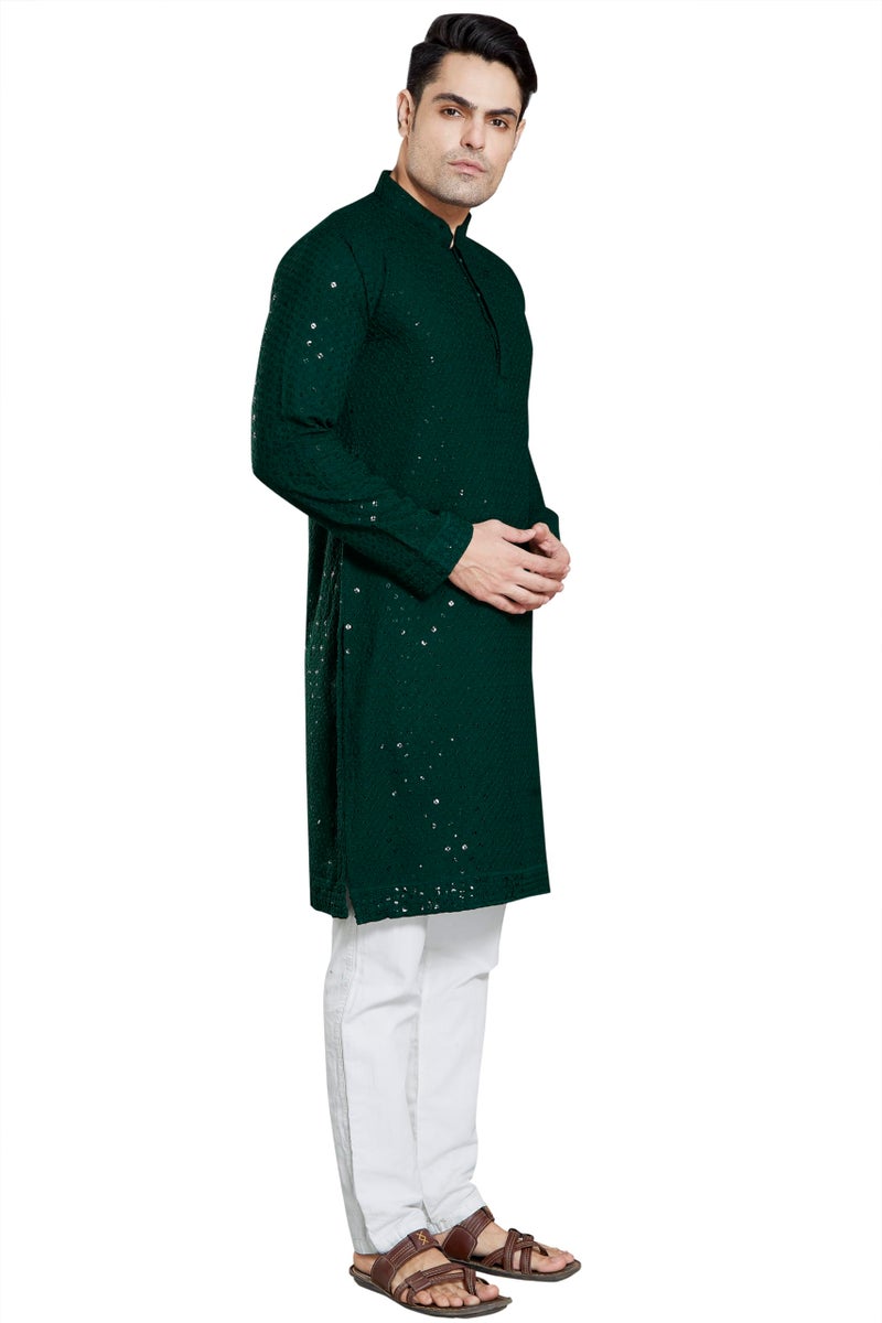 DIVISIVE Men's Sequince Embroidered Cotton Blend Only Slim Fit Kurta (DKRT18_XXL_Bottle Green) - Image 4
