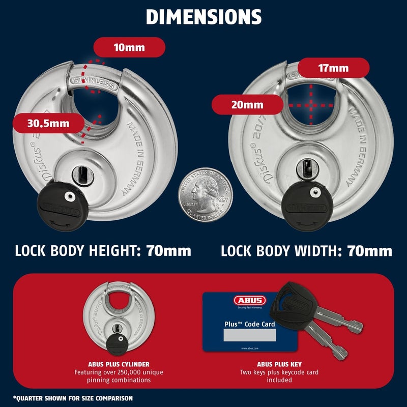 Abus - Diskus 20/70 Padlock with Key - 2 Pack (2.75") 70mm - Heavy Duty Stainless Steel - Cut, Rust & Drill Resistant - Storage & Outdoor - Pad Lock with 2 Keys (Keyed Different) - Home Security - Image 3