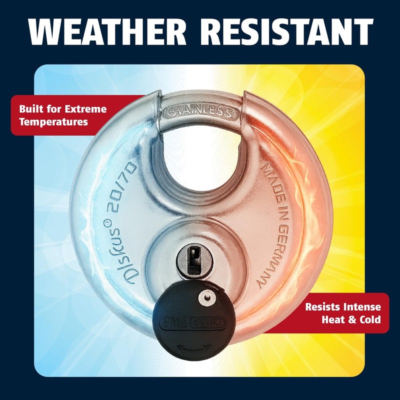 Abus - Diskus 20/70 Padlock with Key - 2 Pack (2.75") 70mm - Heavy Duty Stainless Steel - Cut, Rust & Drill Resistant - Storage & Outdoor - Pad Lock with 2 Keys (Keyed Different) - Home Security - Image 5
