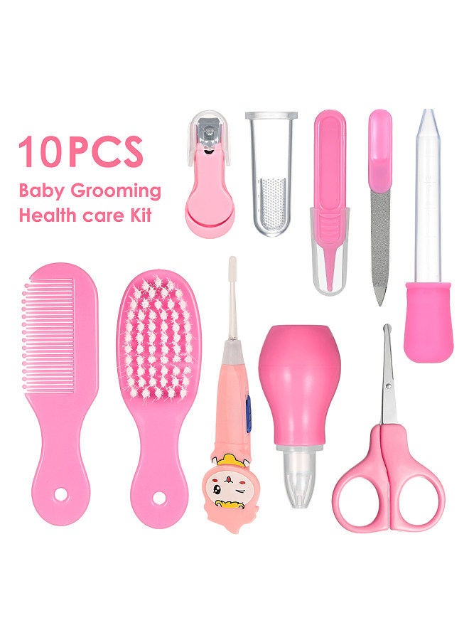 Baby Healthcare and Grooming Kit 10 PCS Ear Pick with Light Comb Nail Clipper Nasal Aspirator Food Feeder Newborn Infant Shower Care Nursery Set