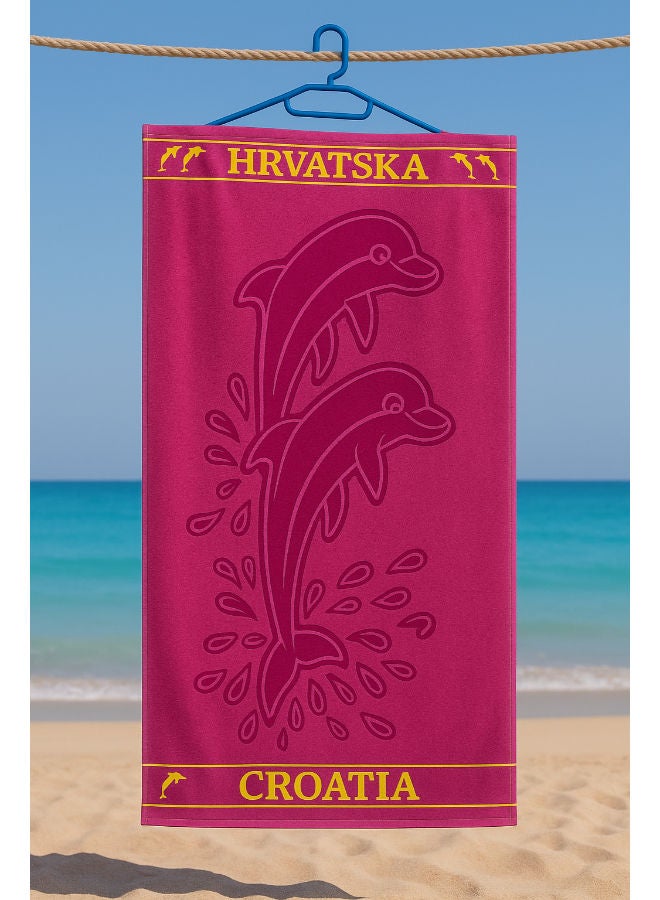 توالا منشفة شاطئ توالا، دولفين وردي، قطن 100%، 90×170 سم - Image 1