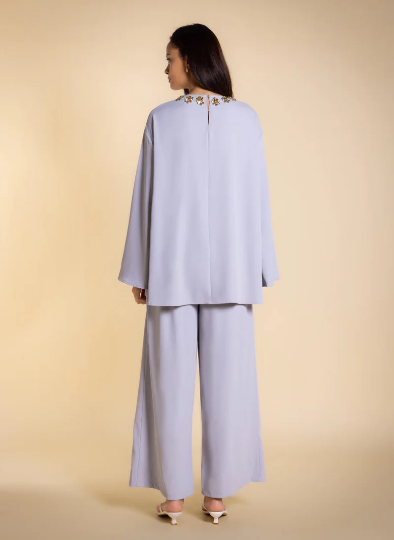 Shapes Light Blue FLOWING EMBROIDERED TOP SET for Women | Best Price UAE