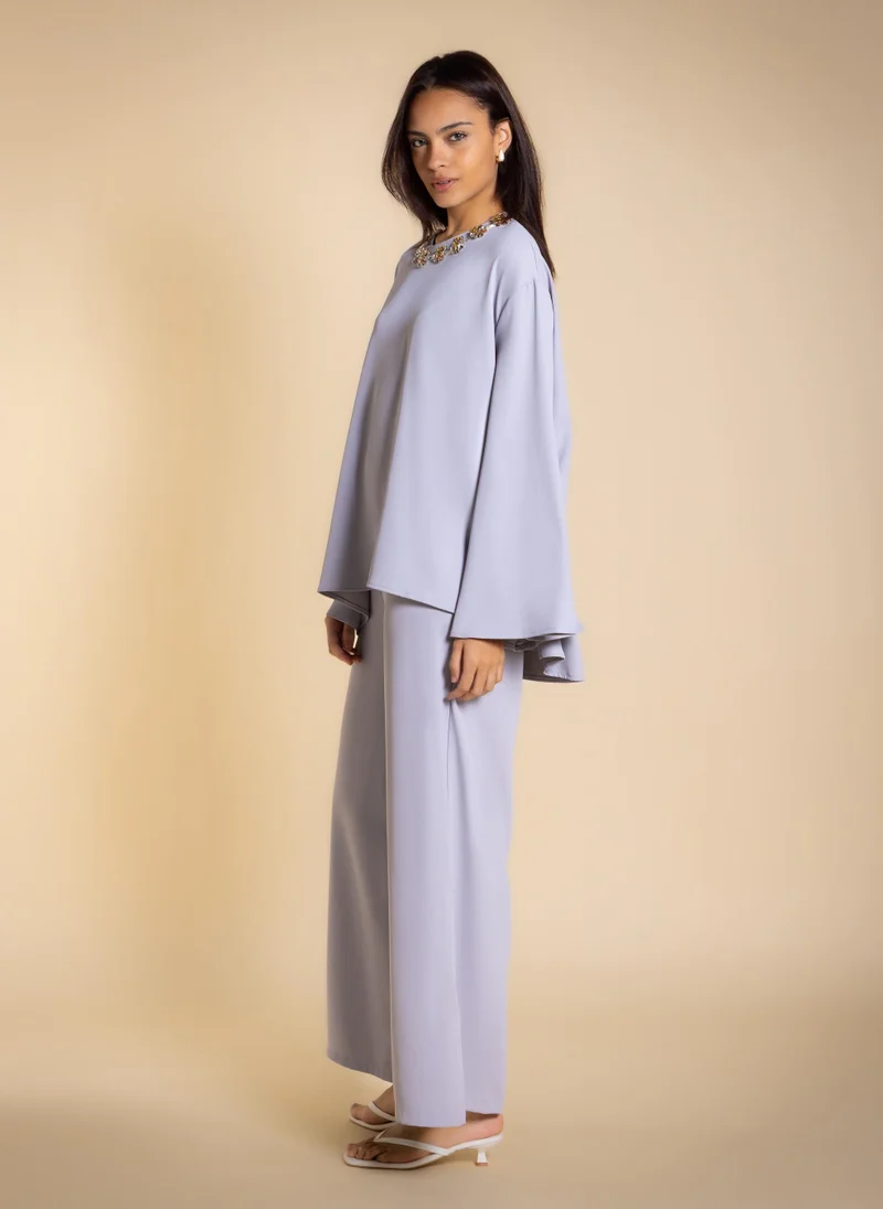 Shapes Light Blue FLOWING EMBROIDERED TOP SET for Women | Best Price UAE