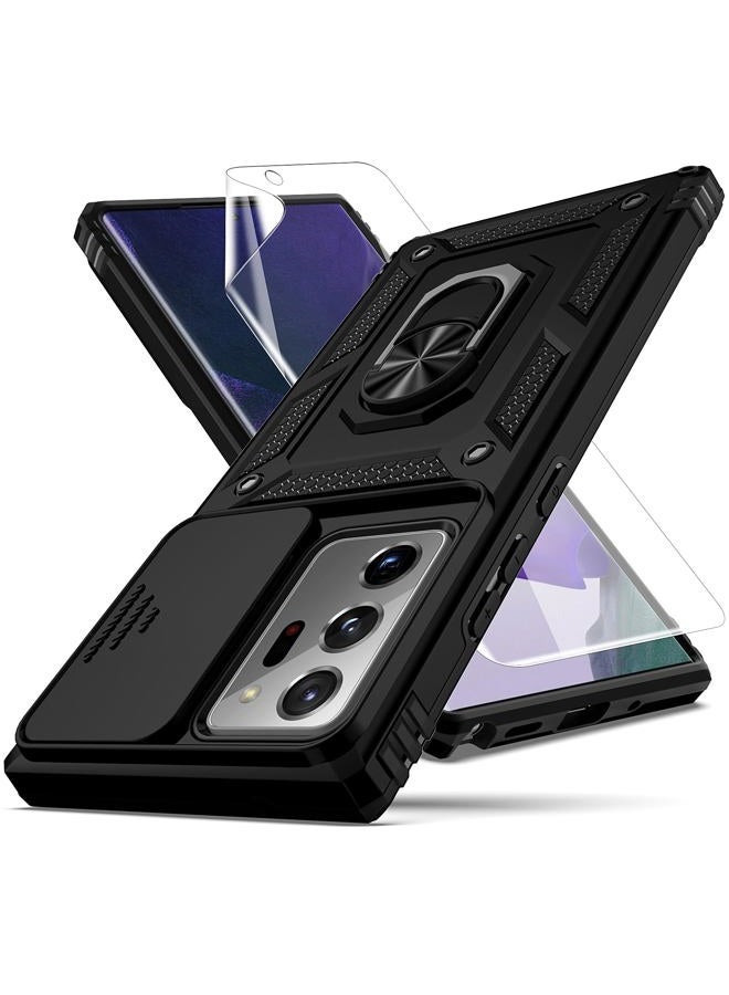 YZOK for Note 20 Ultra Case,with Camera Lens Cover HD Screen Protector,[Military Grade] Ring Car Mount Kickstand Hybrid Hard PC Soft TPU Shockproof Protective Case for Galaxy Note 20 Ultra, Black - Image 1