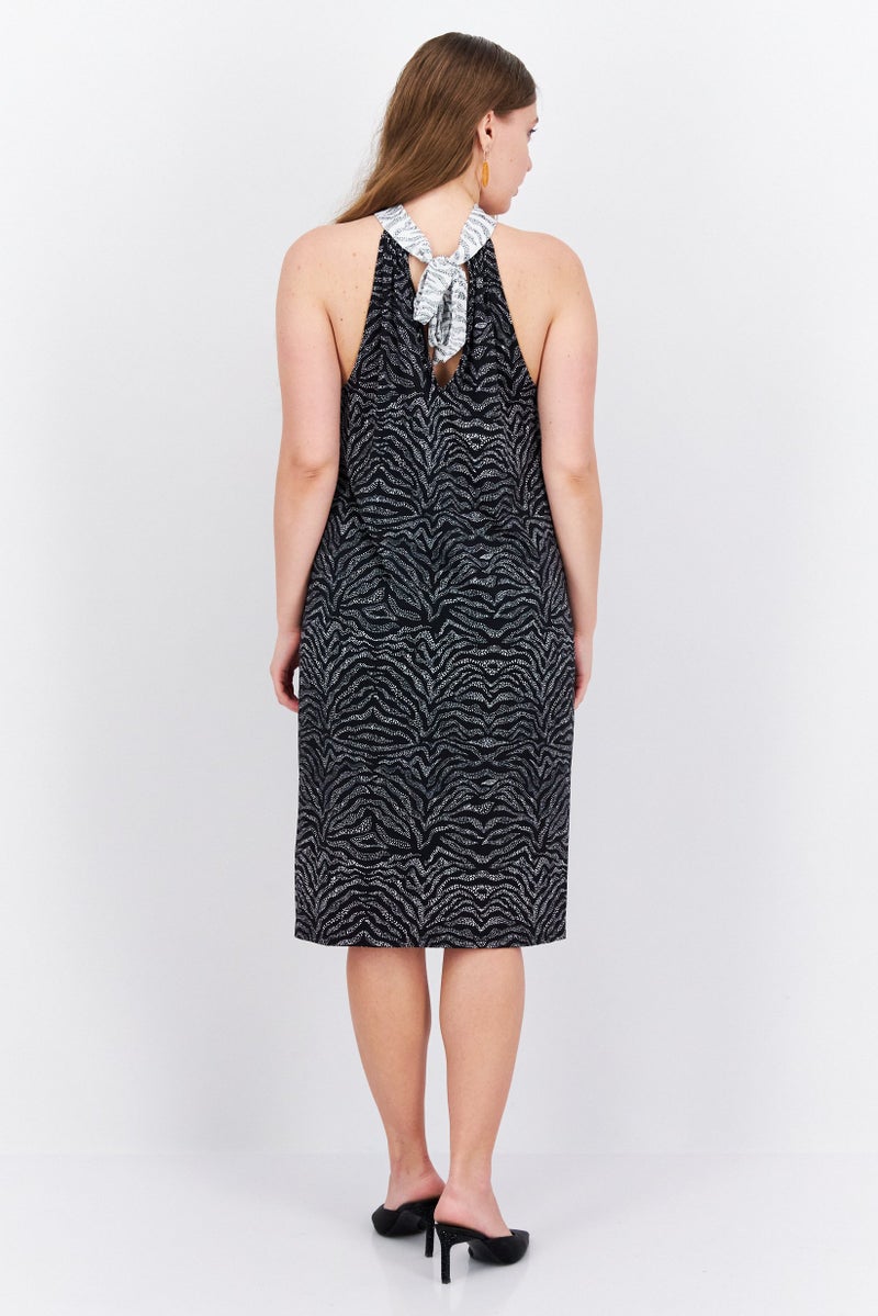 HALSTON Women Allover Print Midi Dress, Black - Image 4