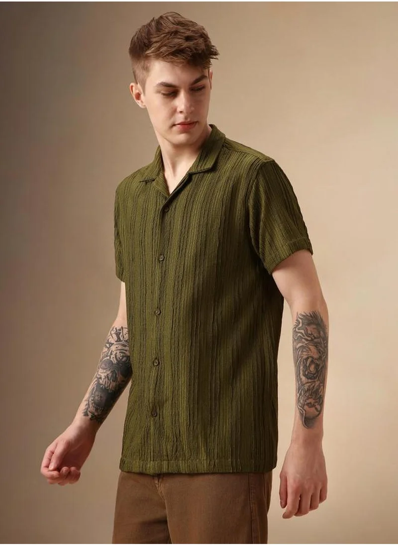 Dennis Lingo Men's Olive Polyester Blend Striped Relaxed Fit Shirt