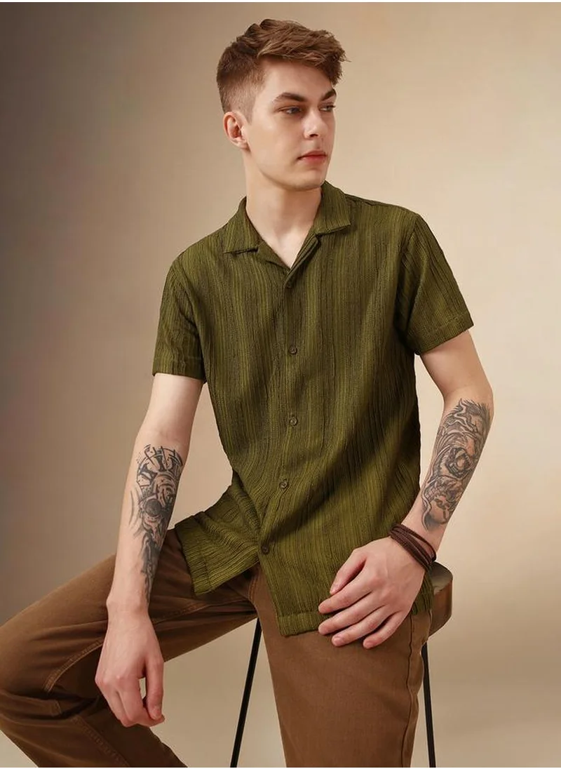 Dennis Lingo Men's Olive Polyester Blend Striped Relaxed Fit Shirt
