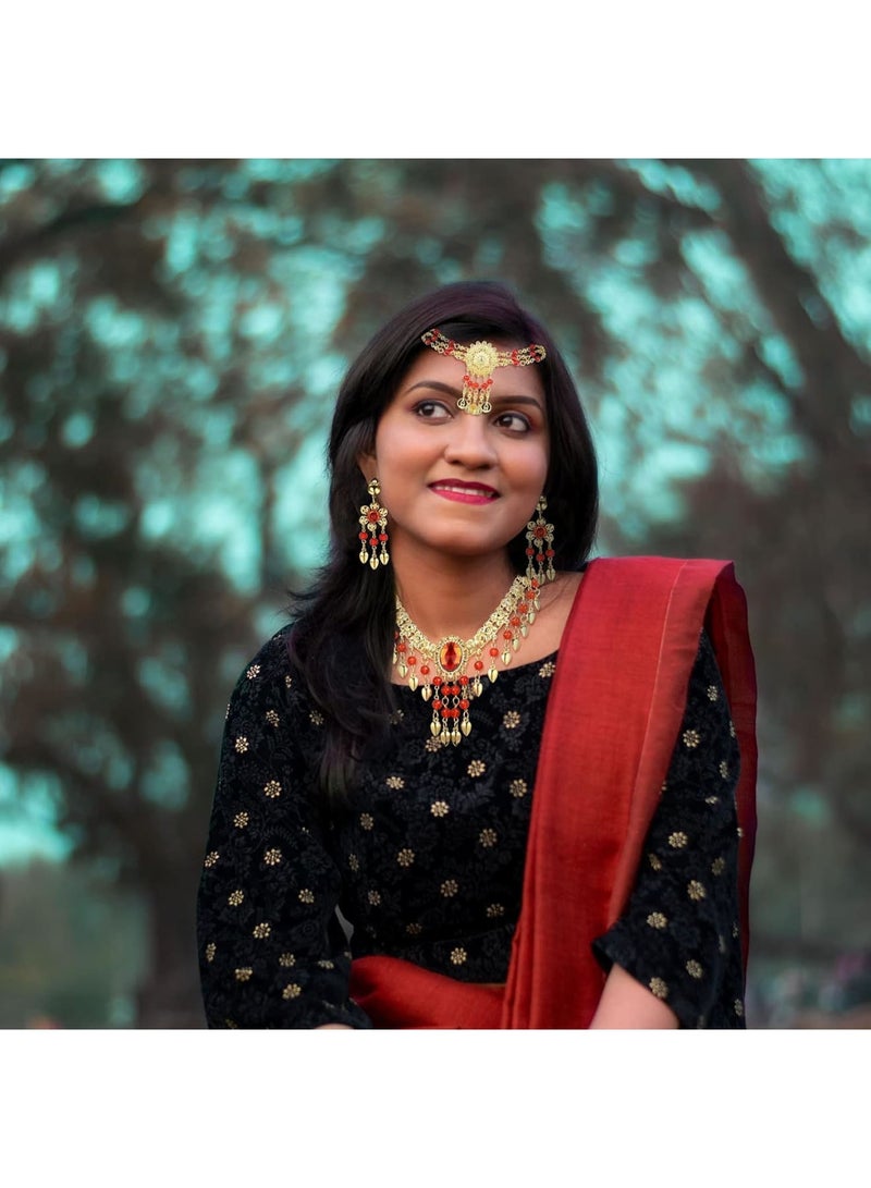 SOLARAE Belly Dance Jewelry Set for Women Head Jewelry Triangle Bracelet Rings Statement Necklace Clip on Earrings Indian Bollywood Style Party Costume Gold Plated - Image 3