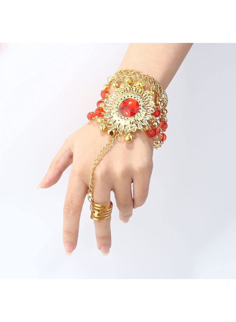 SOLARAE Belly Dance Jewelry Set for Women Head Jewelry Triangle Bracelet Rings Statement Necklace Clip on Earrings Indian Bollywood Style Party Costume Gold Plated - Image 4