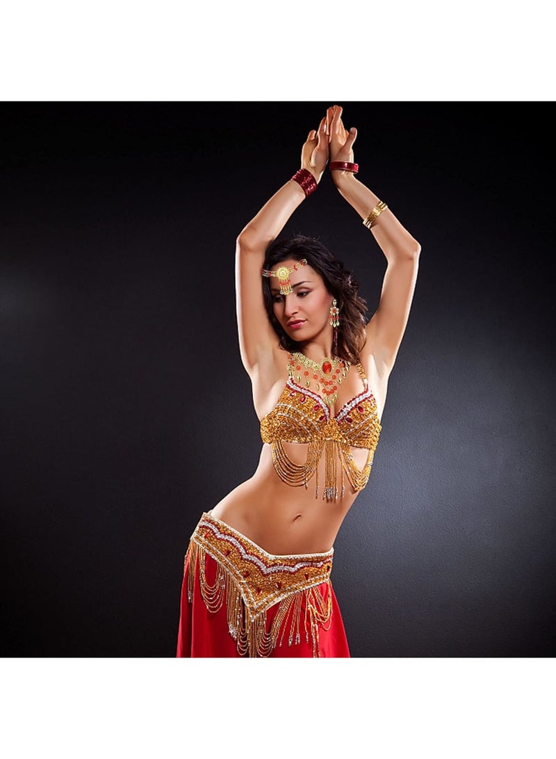 SOLARAE Belly Dance Jewelry Set for Women Head Jewelry Triangle Bracelet Rings Statement Necklace Clip on Earrings Indian Bollywood Style Party Costume Gold Plated - Image 2