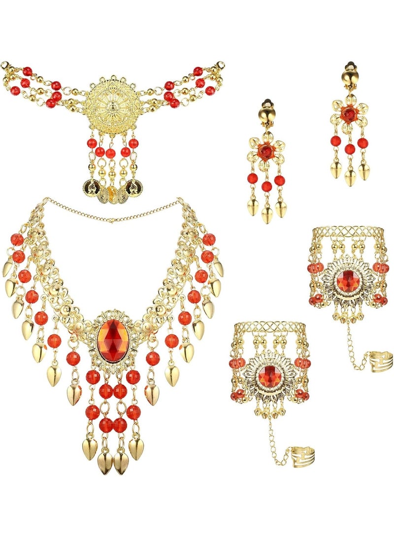 SOLARAE Belly Dance Jewelry Set for Women Head Jewelry Triangle Bracelet Rings Statement Necklace Clip on Earrings Indian Bollywood Style Party Costume Gold Plated - Image 1