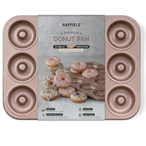 HAPPIELS 12 Well Donut Pan Nonstick Non Toxic PFOA BPA Free Donuts Mold for Baking Doughnut Tin for Oven Doughnuts Pans and Molds Non Stick Nontoxic Baking Tray Pans Trays without Teflon - Image 1