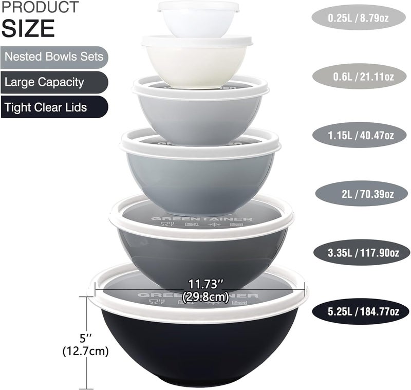 Greentainer Plastic Mixing Bowls with Lids Set 12 Piece Colorful Mixing Bowl Set for Kitchen Nesting Storage Bowls for Baking, Prepping,Cooking and Serving Food - Microwave and Freezer Safe(Grey) - Image 2