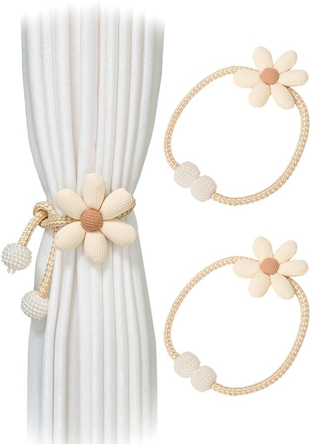 2Pcs Cute Flower Curtain Ties, Boho Flower Curtain Tie Backs, Handmade Curtains Tiebacks, Curtain Holder Tie Backs for Curtains, Braided for Bedroom Window (Beige) - Image 1