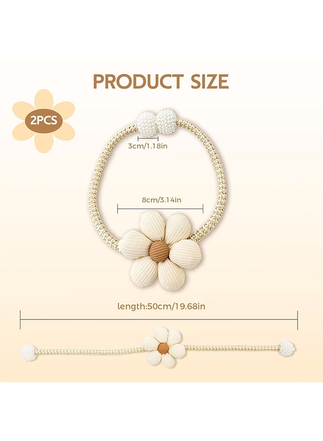 2Pcs Cute Flower Curtain Ties, Boho Flower Curtain Tie Backs, Handmade Curtains Tiebacks, Curtain Holder Tie Backs for Curtains, Braided for Bedroom Window (Beige) - Image 2