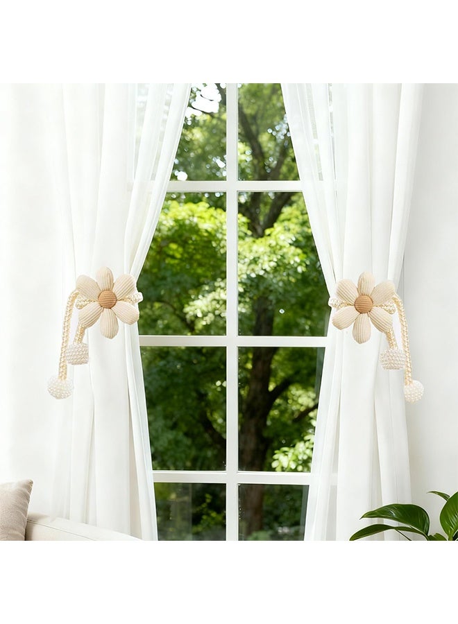 2Pcs Cute Flower Curtain Ties, Boho Flower Curtain Tie Backs, Handmade Curtains Tiebacks, Curtain Holder Tie Backs for Curtains, Braided for Bedroom Window (Beige) - Image 5