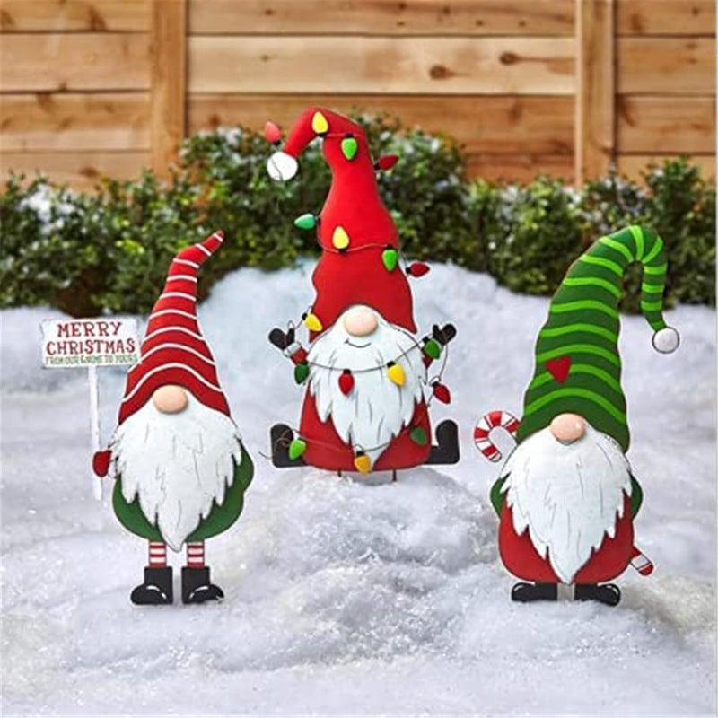 klarako Christmas Metal Gnome Yard Stake, Christmas Decorations Outdoor Gnome Santa Welcome Sign, Decorative Garden Stakes Outside with Christmas Gnomes Winter Art Decor or Lawn Garden Yard Patio (Set of 3) - Image 1