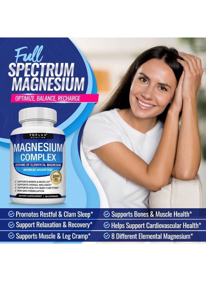 Toplux Magnesium Complex Supplement 8 Elemental Magnesium 1000mg - Magnesium Glycinate, Citrate, Malate, Taurate, Chelated for Easy Absorption for Bones, Muscle, Recovery, Energy, Vegan Non-GMO 90 Capsules - Image 2