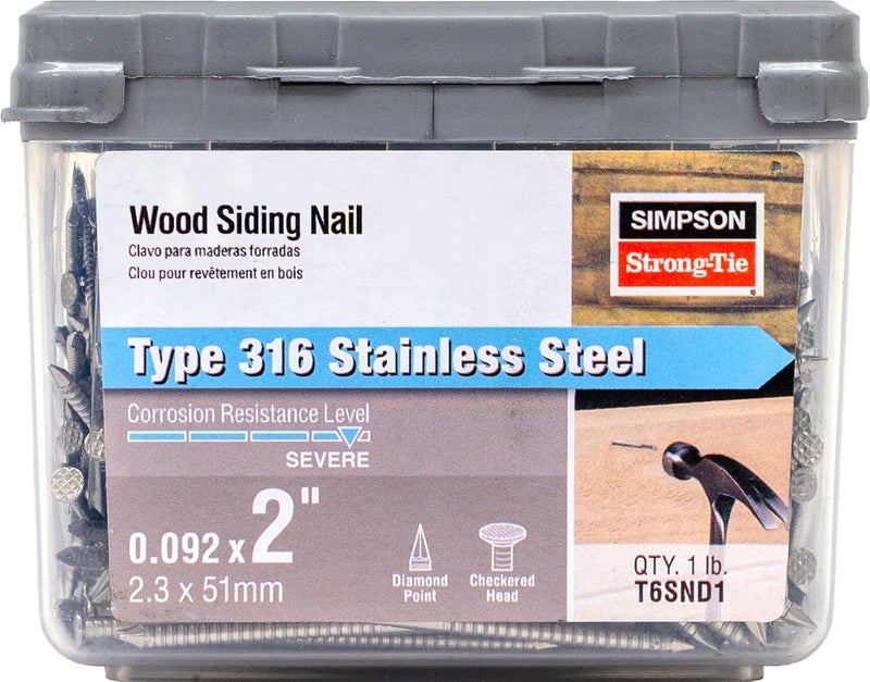 Simpson StrongTie T6SND1 Ring-Shank Wood Siding Nail‚ 2 Inch x 0.092 Inch,13 Gauge, Full Round Head, Diamond Point, Type 316 Stainless Steel (Pack of 245) - Image 1
