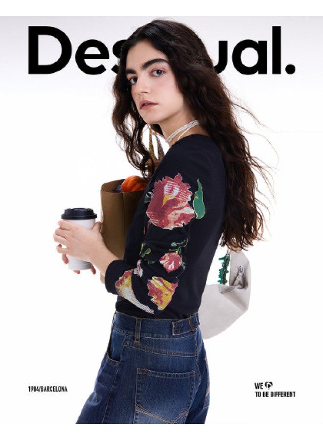 DESIGUAL 25 Fall/winter New Floral Print Ribbed Round Neck Long Sleeve Women's T-shirt - Image 1
