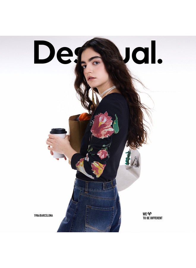 DESIGUAL 25 Fall/winter New Floral Print Ribbed Round Neck Long Sleeve Women's T-shirt - Image 2