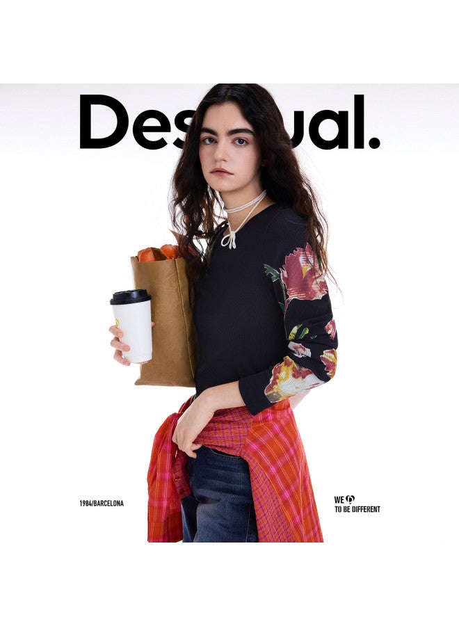 DESIGUAL 25 Fall/winter New Floral Print Ribbed Round Neck Long Sleeve Women's T-shirt - Image 4