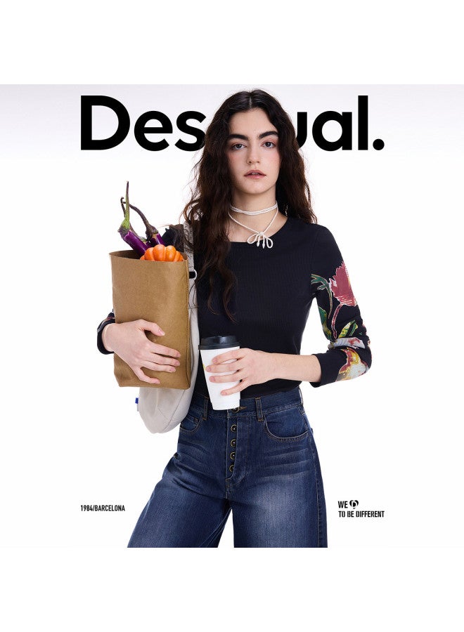 DESIGUAL 25 Fall/winter New Floral Print Ribbed Round Neck Long Sleeve Women's T-shirt - Image 5