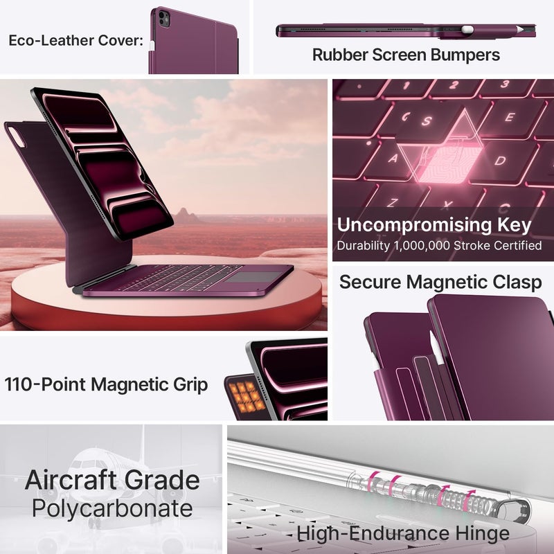 typecase Keyboard Case for iPad Pro 13-inch (M5 2025 / M4 2024), Magic Keyboard with 11 Colors Backlight, Keyboard Case with Pencil Holder, Multi-Touch Trackpad, Easy-Set Magnetic Stand, Raspberry - Image 4