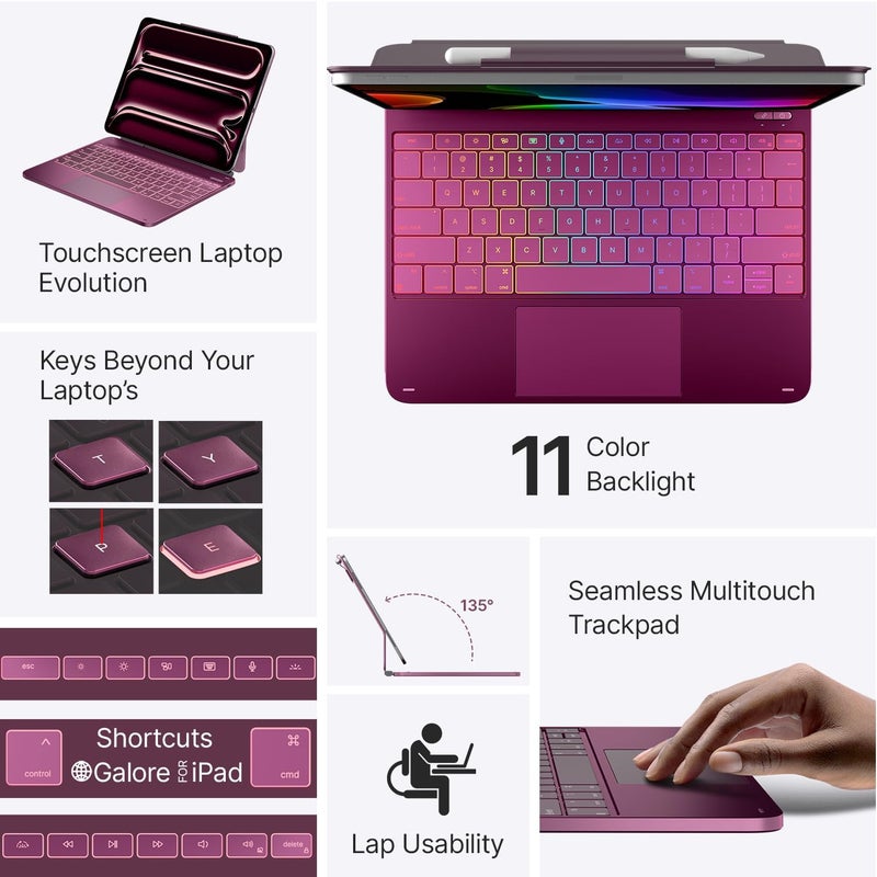 typecase Keyboard Case for iPad Pro 13-inch (M5 2025 / M4 2024), Magic Keyboard with 11 Colors Backlight, Keyboard Case with Pencil Holder, Multi-Touch Trackpad, Easy-Set Magnetic Stand, Raspberry - Image 3
