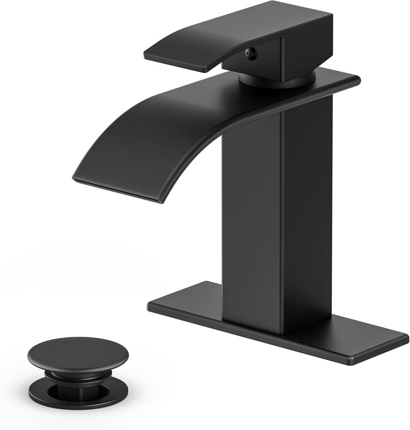 ryuwanku Bathroom Faucet Matte Black Modern Waterfall Bathroom Sink Faucet with Single Handle Suitable for 1 or 3 Holes,Supply Deck Plate and Hose - Image 1