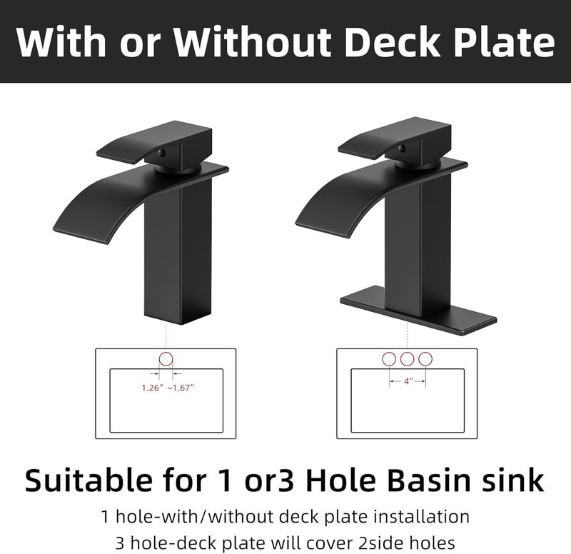 ryuwanku Bathroom Faucet Matte Black Modern Waterfall Bathroom Sink Faucet with Single Handle Suitable for 1 or 3 Holes,Supply Deck Plate and Hose - Image 4