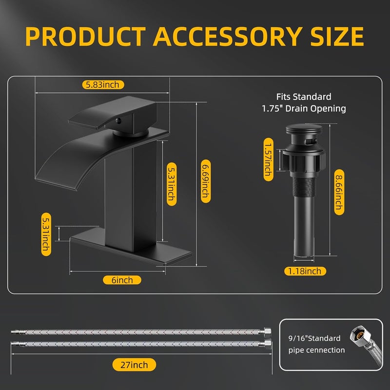 ryuwanku Bathroom Faucet Matte Black Modern Waterfall Bathroom Sink Faucet with Single Handle Suitable for 1 or 3 Holes,Supply Deck Plate and Hose - Image 3