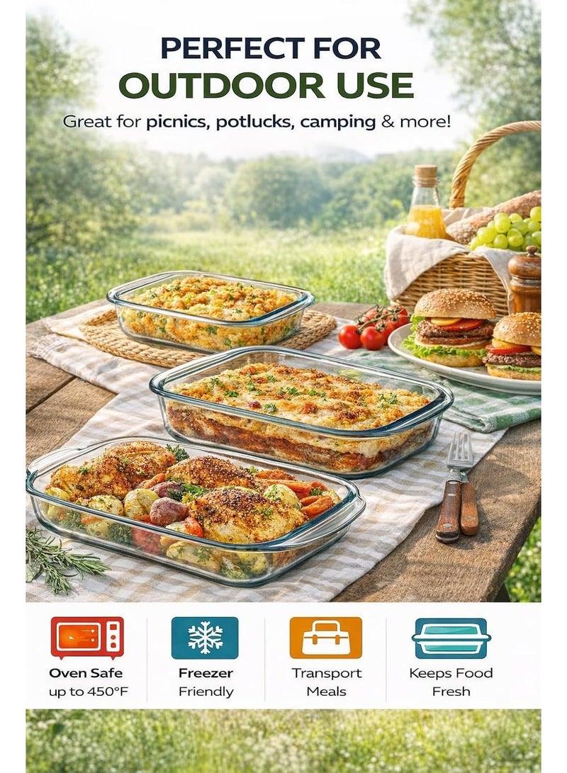 KhpalKar Glass Baking Dish Set of 3 (1L, 1.6L, 2.2L) – Rectangular Heat Resistant Borosilicate Baking Tray with Handles, Oven, Microwave and Freezer Safe Clear Casserole and Roasting Dish - Image 4
