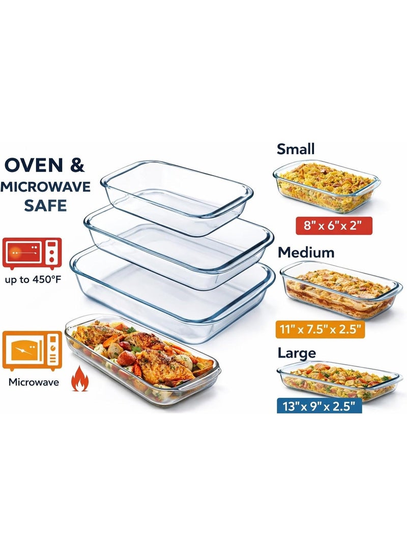 KhpalKar Glass Baking Dish Set of 3 (1L, 1.6L, 2.2L) – Rectangular Heat Resistant Borosilicate Baking Tray with Handles, Oven, Microwave and Freezer Safe Clear Casserole and Roasting Dish - Image 3
