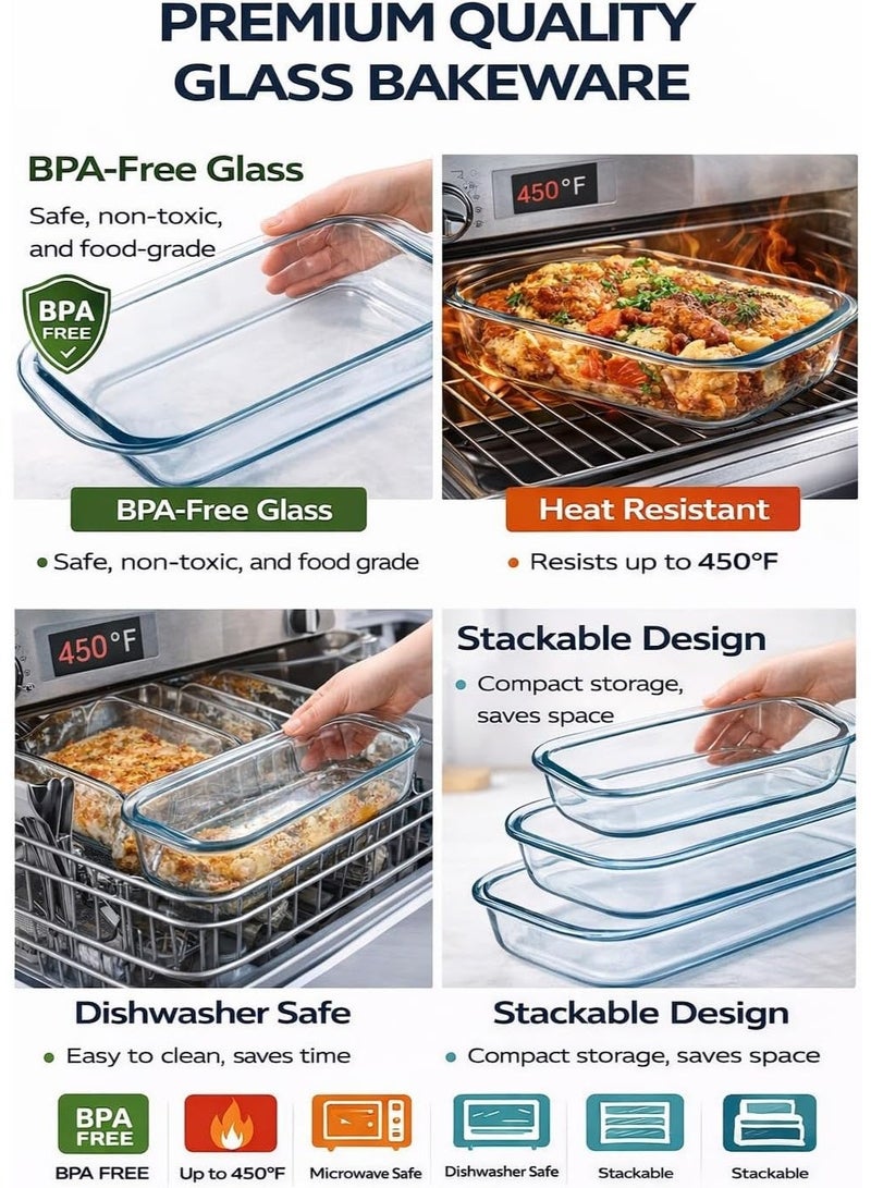 KhpalKar Glass Baking Dish Set of 3 (1L, 1.6L, 2.2L) – Rectangular Heat Resistant Borosilicate Baking Tray with Handles, Oven, Microwave and Freezer Safe Clear Casserole and Roasting Dish - Image 5