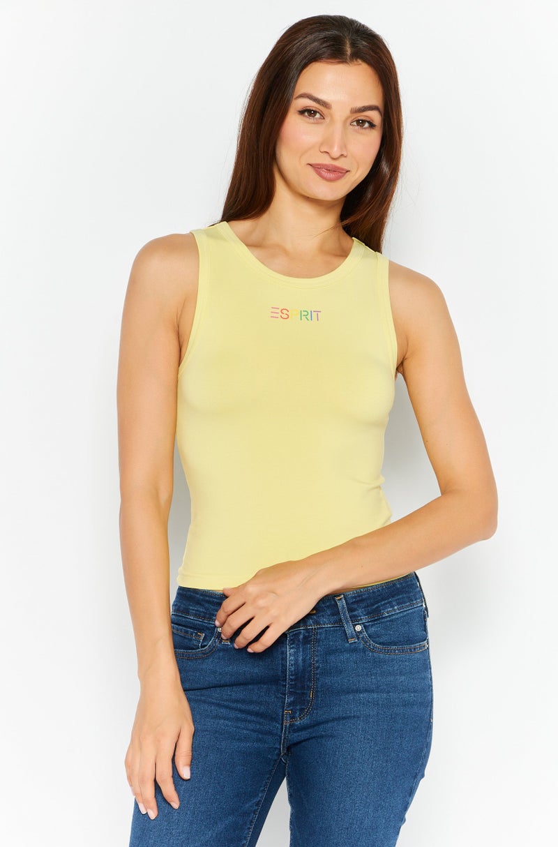Esprit x Rest and Recreation Women Crew Neck Sleeveless Brand Logo Tank Top, Yellow - Image 1