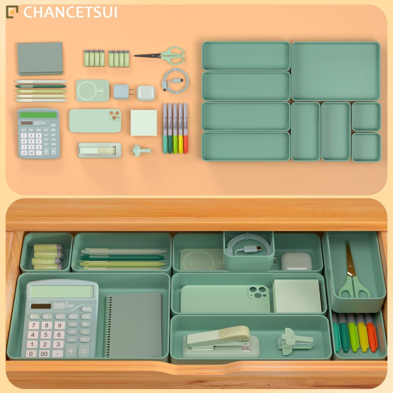 CHANCETSUI 9 Pcs Stackable Drawer Organizer Trays Set, Green, Multifunctional Storage for Vanity, Bathroom, Kitchen, Desk Drawer Organizer Office, PET Plastic - Image 4