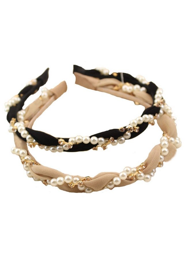 Teppylony 2 Pcs Twisted Faux Pearl Rhinestone Headband Wavy Hair Band Headpiece Elegant Shining Fashion Handmade Woman Headwear Hair Accessory - Image 1