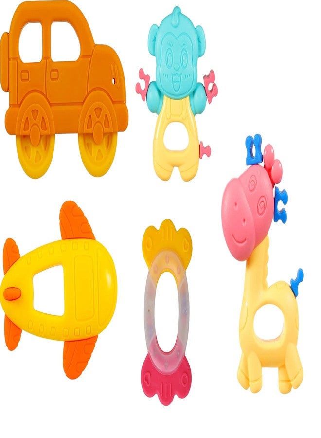 GURBIK Baby Rattle & Teether Set | Smooth ABS Infant Toy | Safe Surface | Multicolor Multi-Design | Early Learning | Rattle & Nibbler for Teething Relief | Pack of 5 - Image 1