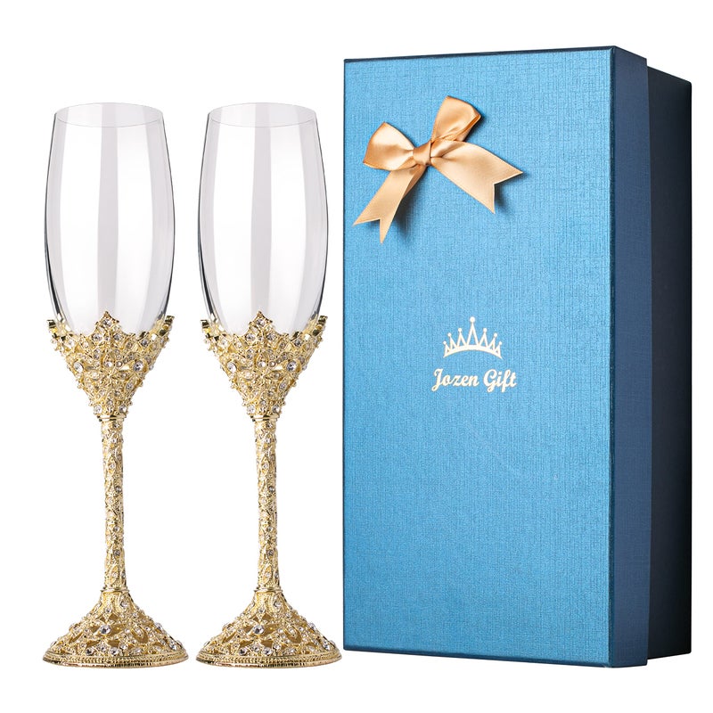 Jozen Gift Gold Champagne Flutes Set of 2 Crystal Glass Metal Base With Crystal Stones Set of 2 Toasting Flute Pair Wedding Anniversary Party Birthday BanquetsGifts for Bride and Groom 7oz
